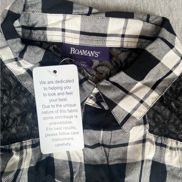 Roamans 22w Plaid Sheer Lace Black And White Long Sleeve Button Up NWOT - Picture 3 of 11
